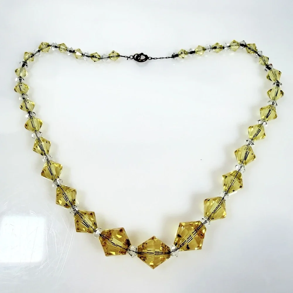 Vintage Faceted Glass Necklace Yellow Bicone Beads Clear Crystal Spacers 16